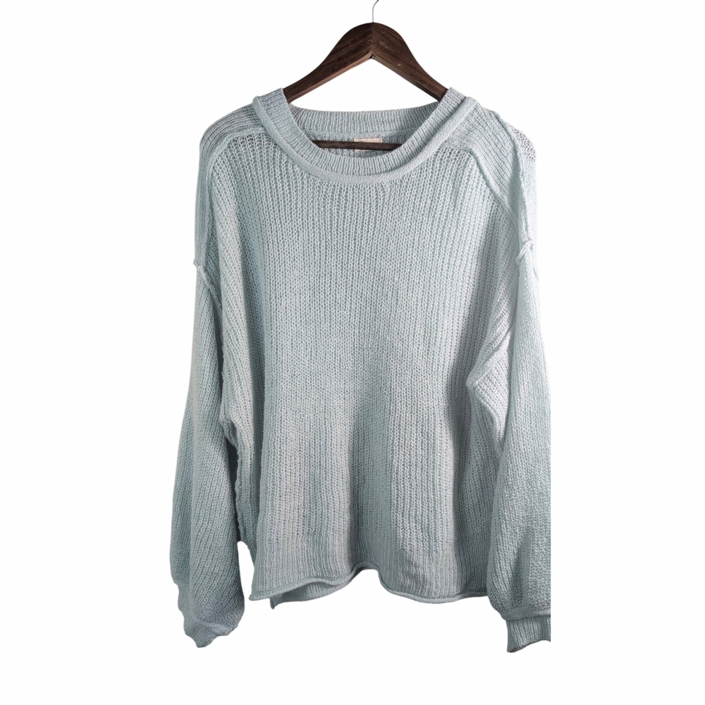 POL Light Sage Green Oversized Boho Floucy Sleeves Knit Pullover Sweater Size S